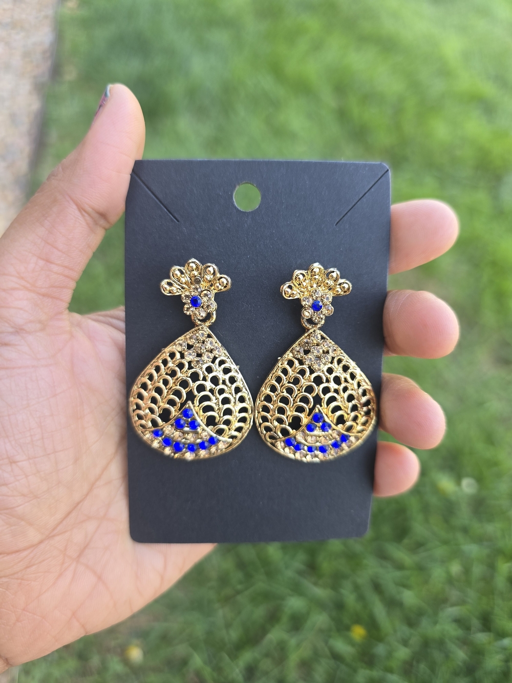 Gold-Tone Filigree Teardrop Earrings with Blue Accent - Women Jewelry
